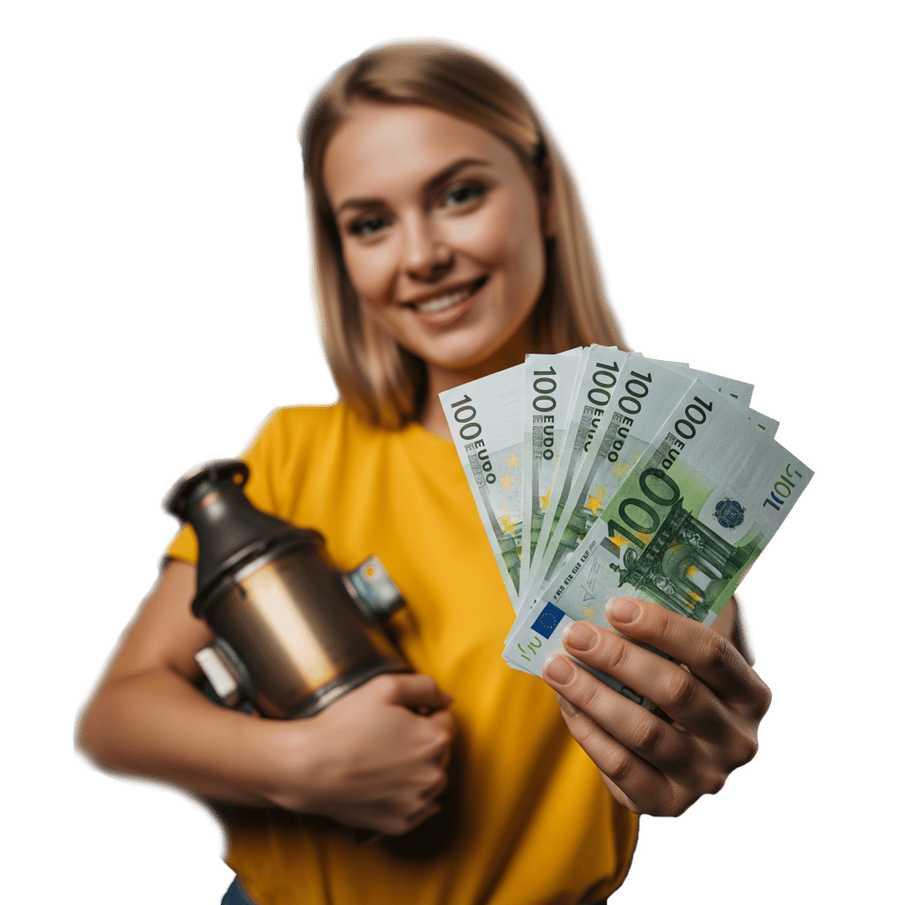 Eine Frau hält in der einen Hand einen Katalysator und reicht mehrere hundert Euro Scheine nach vorne